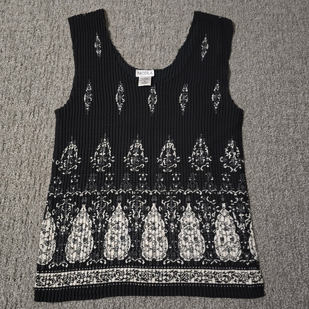 Nicola Womens XL Black White Border Print Pleated Sleeveless Tunic Top Boho
